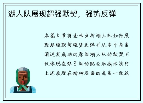 湖人队展现超强默契，强势反弹