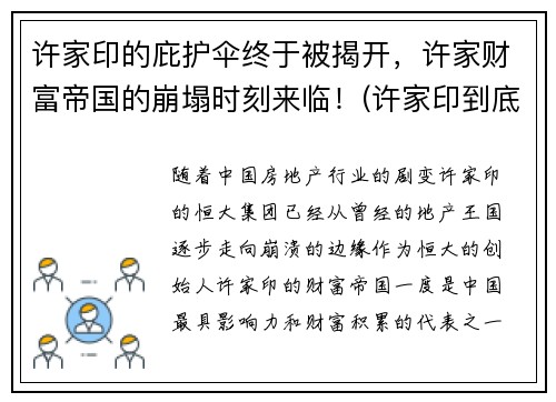 许家印的庇护伞终于被揭开，许家财富帝国的崩塌时刻来临！(许家印到底是个什么来头)
