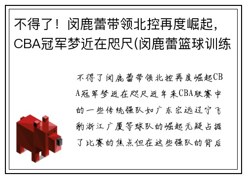 不得了！闵鹿蕾带领北控再度崛起，CBA冠军梦近在咫尺(闵鹿蕾篮球训练营精英队)