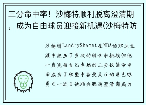 三分命中率！沙梅特顺利脱离澄清期，成为自由球员迎接新机遇(沙梅特防守怎么样)