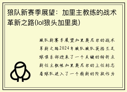 狼队新赛季展望：加里主教练的战术革新之路(lol狼头加里奥)