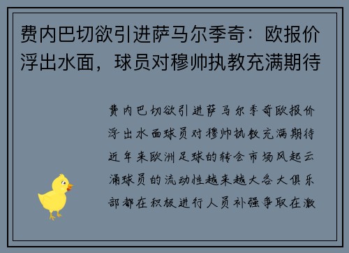 费内巴切欲引进萨马尔季奇：欧报价浮出水面，球员对穆帅执教充满期待