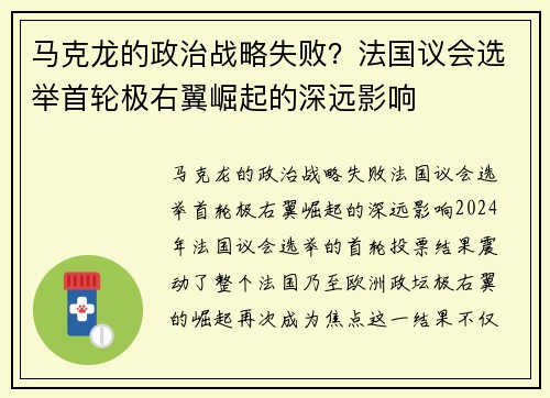 马克龙的政治战略失败？法国议会选举首轮极右翼崛起的深远影响