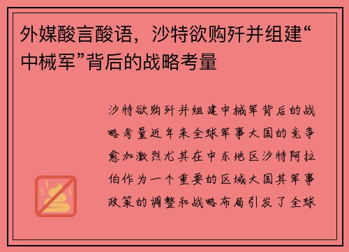 外媒酸言酸语，沙特欲购歼并组建“中械军”背后的战略考量